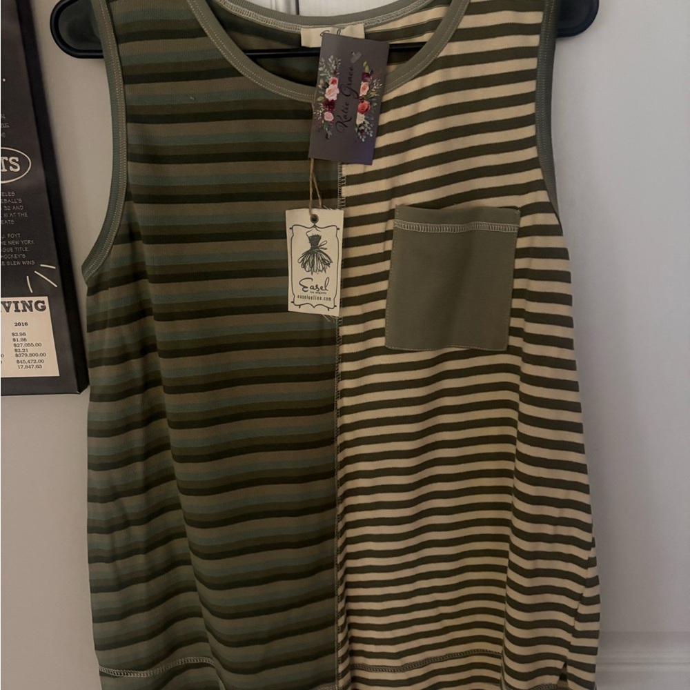 easel Olive Green Striped Tank Top